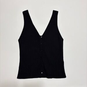 Madewell Women V Neck Ribbed Sweater Tank Top L Black Buttons Quiet Clean Girl